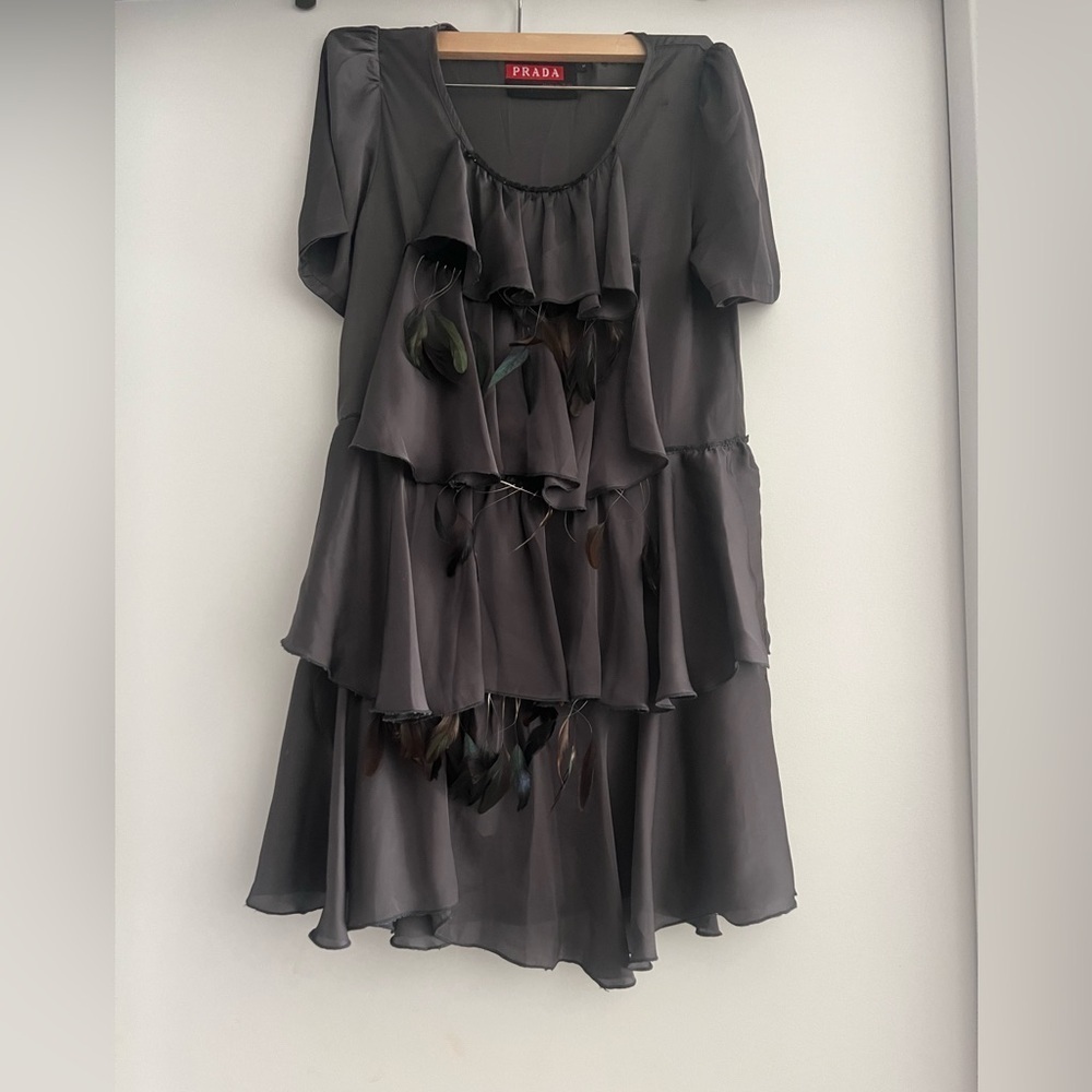 Vintage Prada Silk Charcoal Grey Dress with feather details| size 6